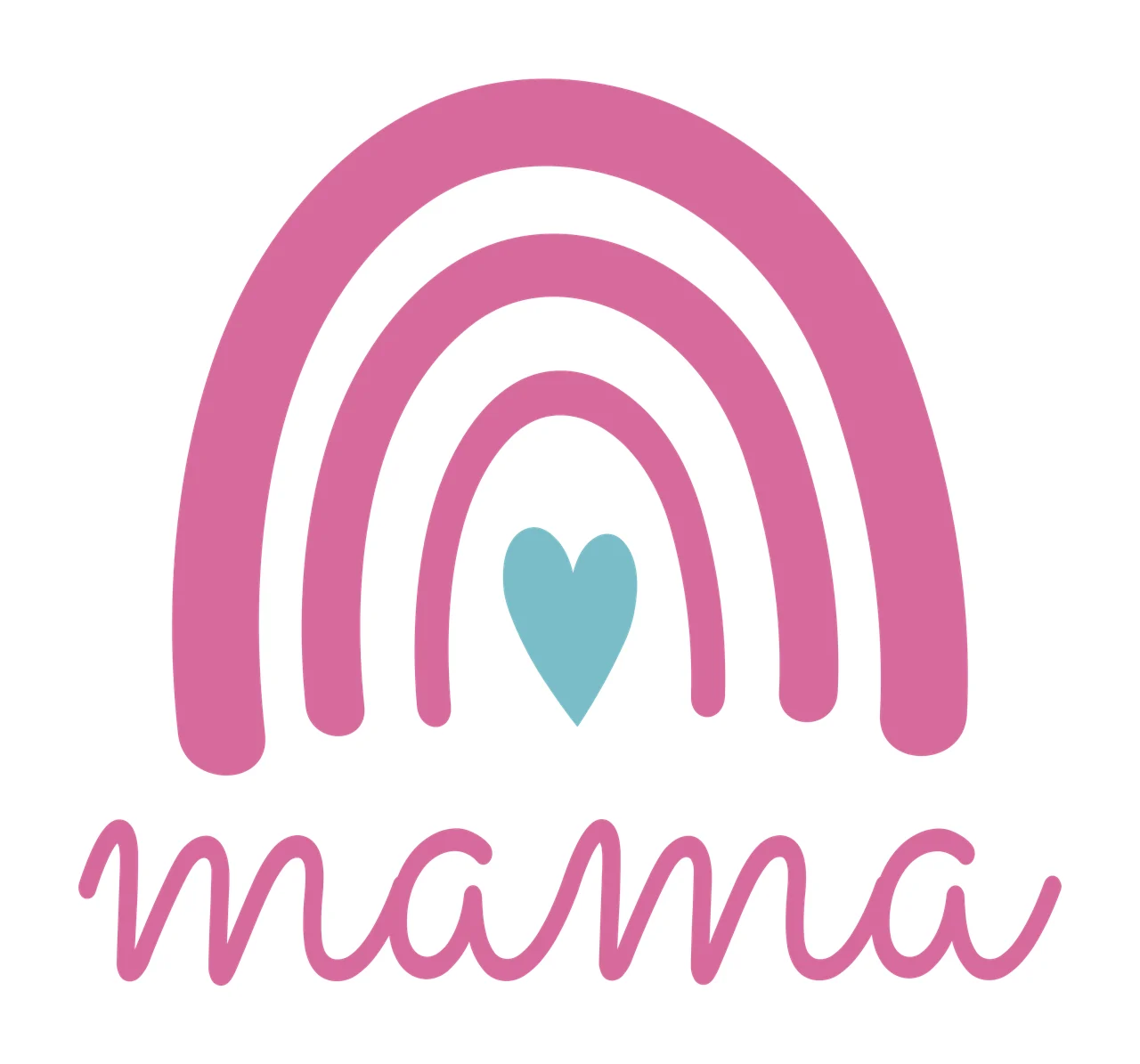 Mama boho rainbow Design with pink rainbow arches, teal blue heart, cursive text and mama lettering in white