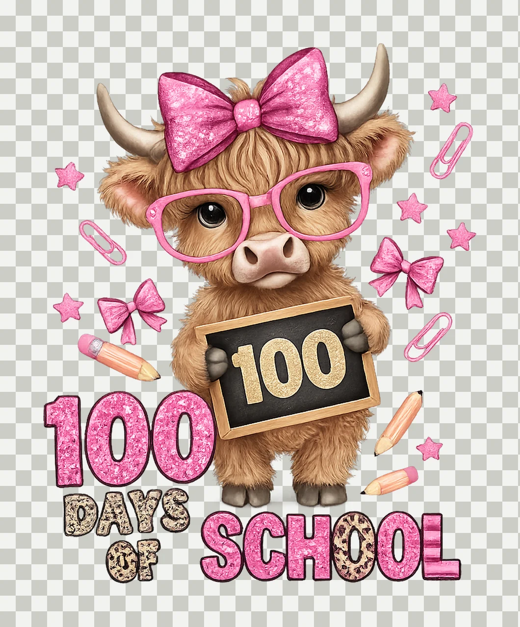 Coquette Bow 100 Day Of School Highland Cow Preppy Pink Bow transparency and detail preview thumbnail