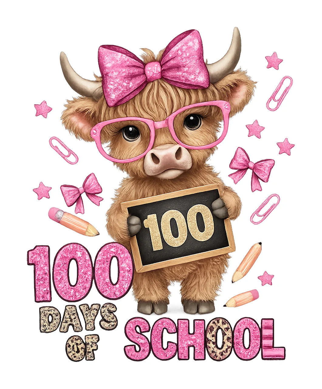 Coquette Bow 100 Day Of School Highland Cow Preppy Pink Bow