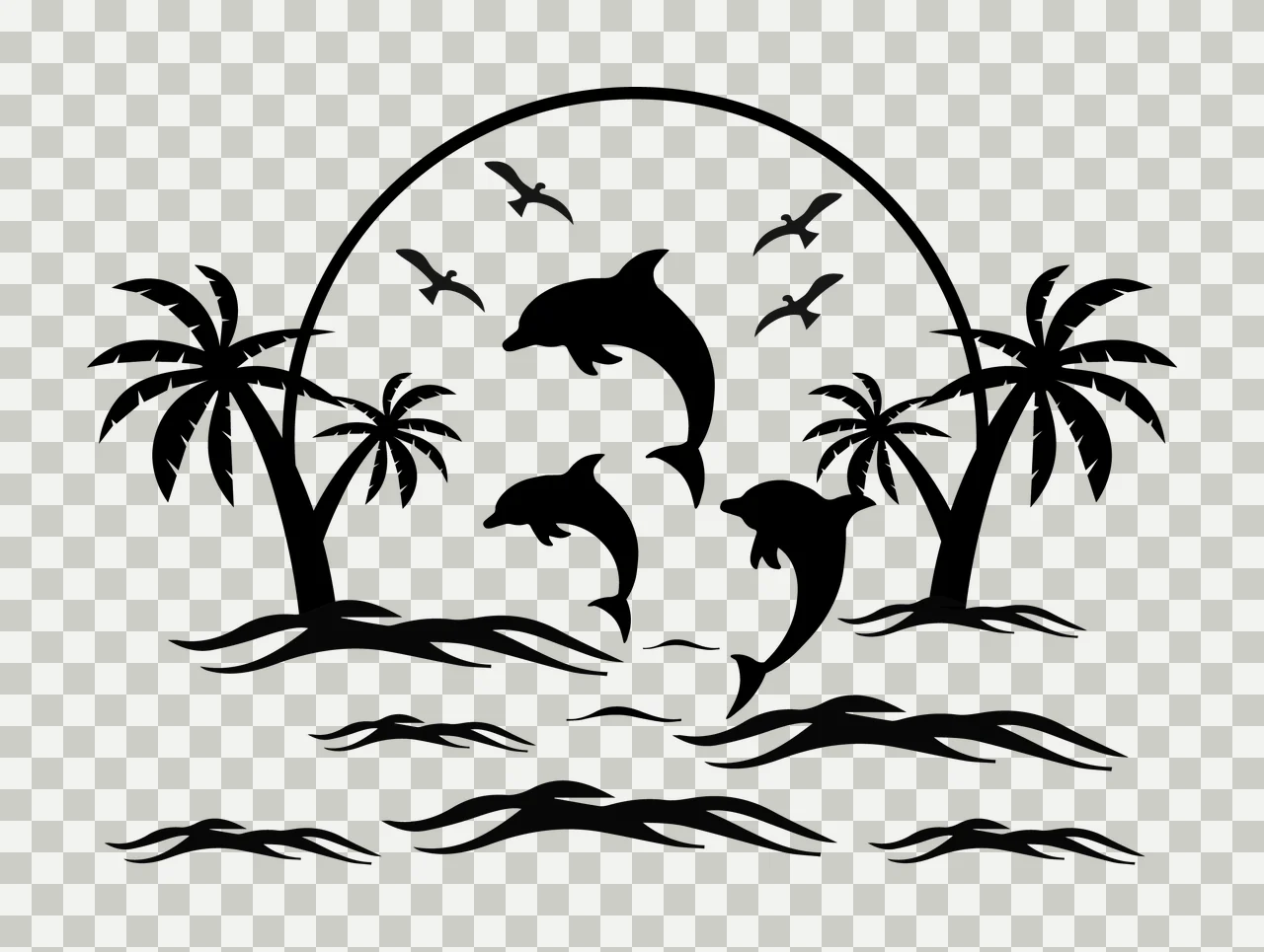 Palm Tree Dolphin Island Sunset Silhouette Dolphins and Jumping transparency and detail preview thumbnail