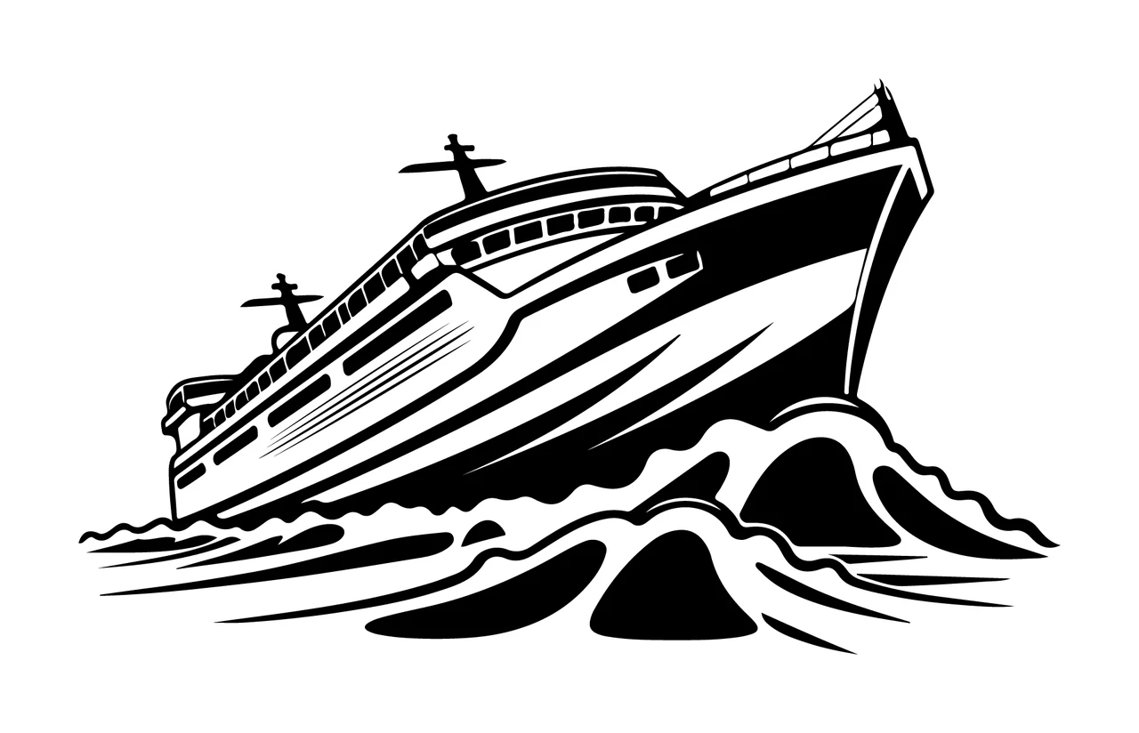 Cruise Ship Black And White Illustration sailing boat waves
