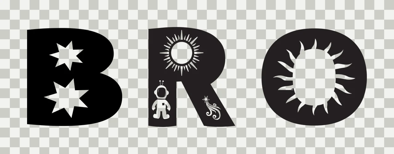 BRO Typography Design with stars, sun, astronaut and shooting star in black and white transparency and detail preview thumbnail