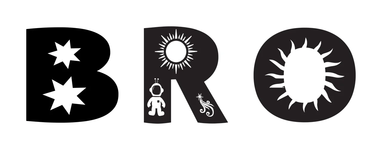 BRO Typography Design with stars, sun, astronaut and shooting star in black and white