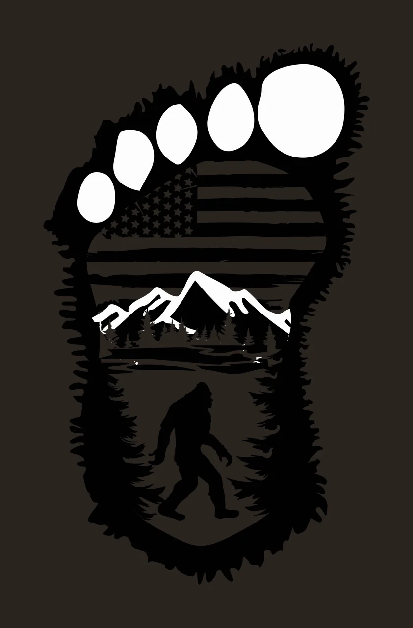 Bigfoot silhouette Illustration with jagged-edged footprint, American flag, mountain range and pine forest in black and white contrast preview thumbnail