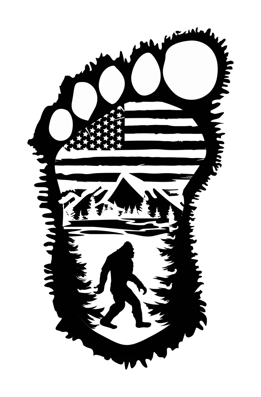 Bigfoot silhouette Illustration with jagged-edged footprint, American flag, mountain range and pine forest in black and white