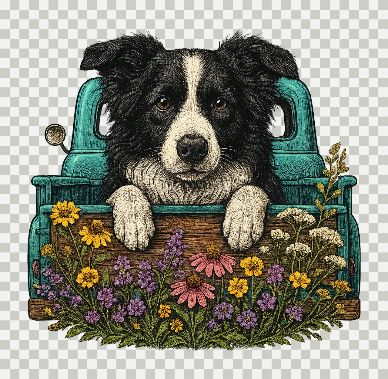Dog Truck Border Collie Portrait flowers nature garden in transparency and detail preview thumbnail