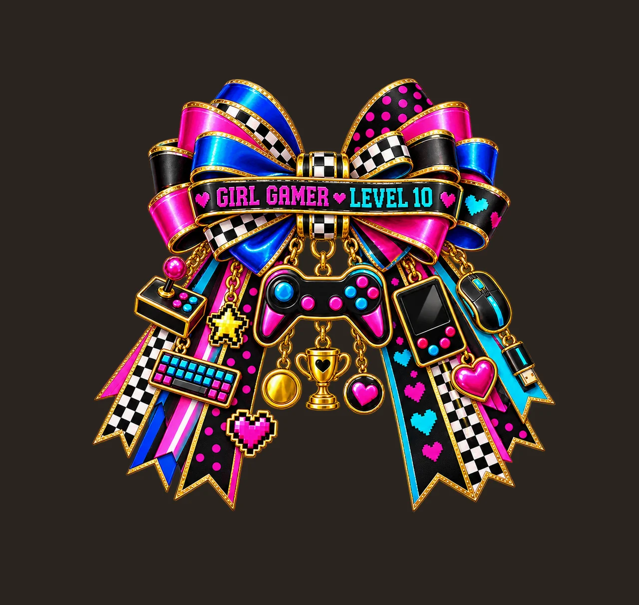 Girl Gamer Level 10 Bow Charm PNG, Patterned Coquette Bow Clipart, Transparent Sublimation Digital Download contrast preview thumbnail
