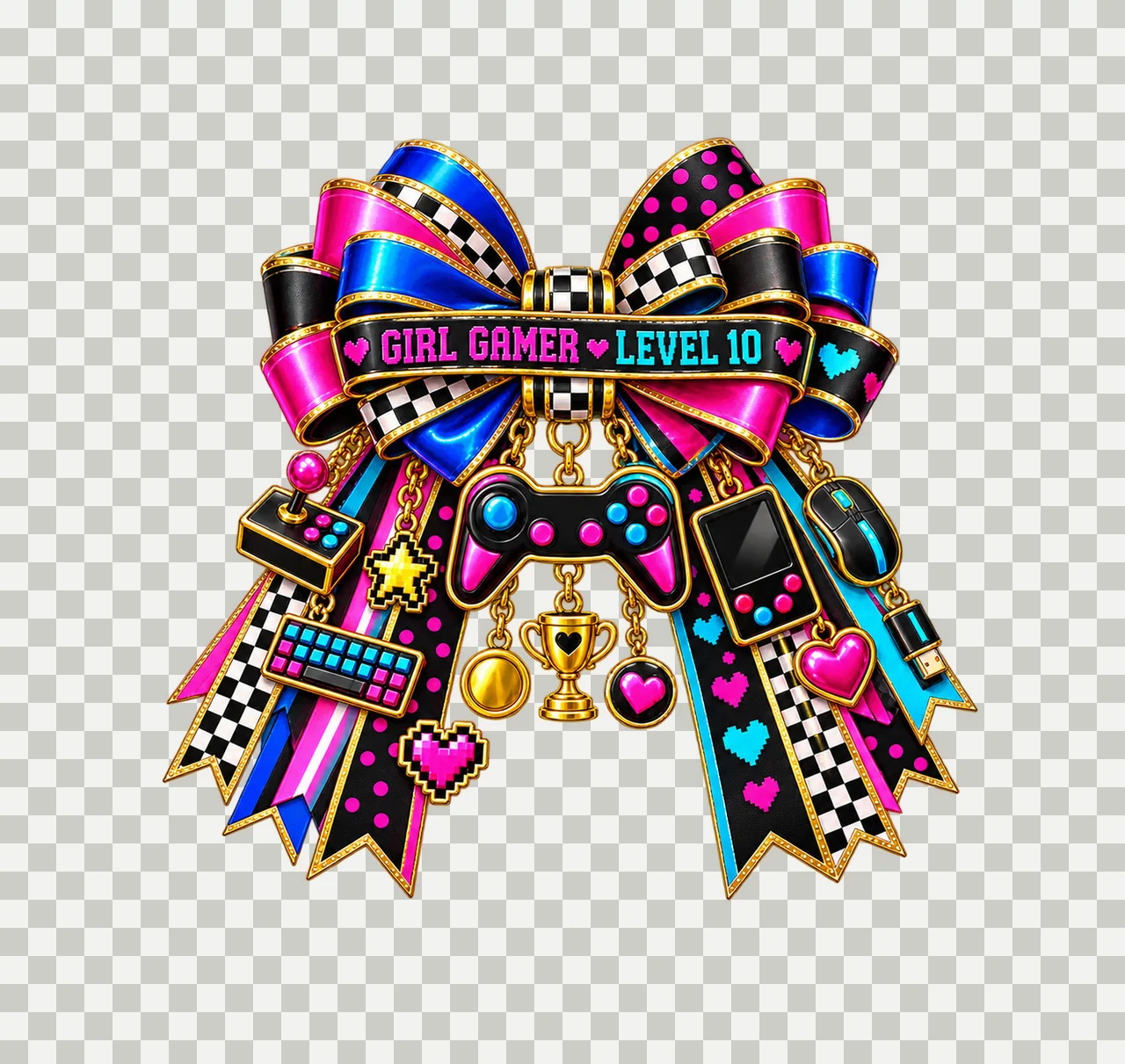 Girl Gamer Level 10 Bow Charm PNG, Patterned Coquette Bow Clipart, Transparent Sublimation Digital Download transparency and detail preview thumbnail