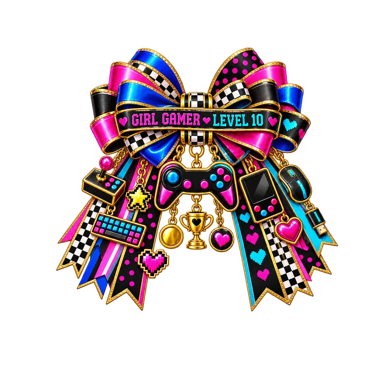 Girl Gamer Level 10 Bow Charm PNG, Patterned Coquette Bow Clipart, Transparent Sublimation Digital Download