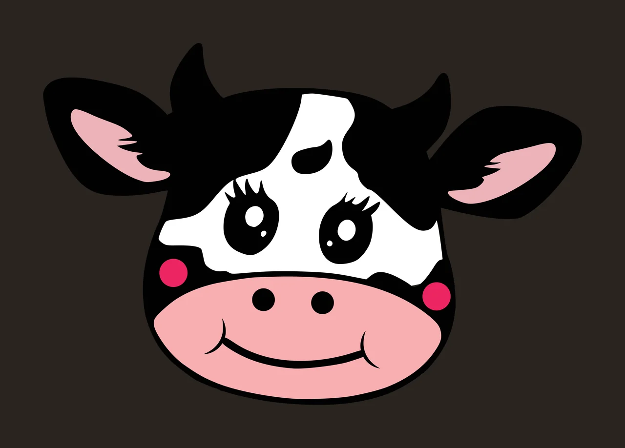 Cartoon Illustration of cow head with horns, ears, eyes with eyelashes and pink snout in black and white contrast preview thumbnail
