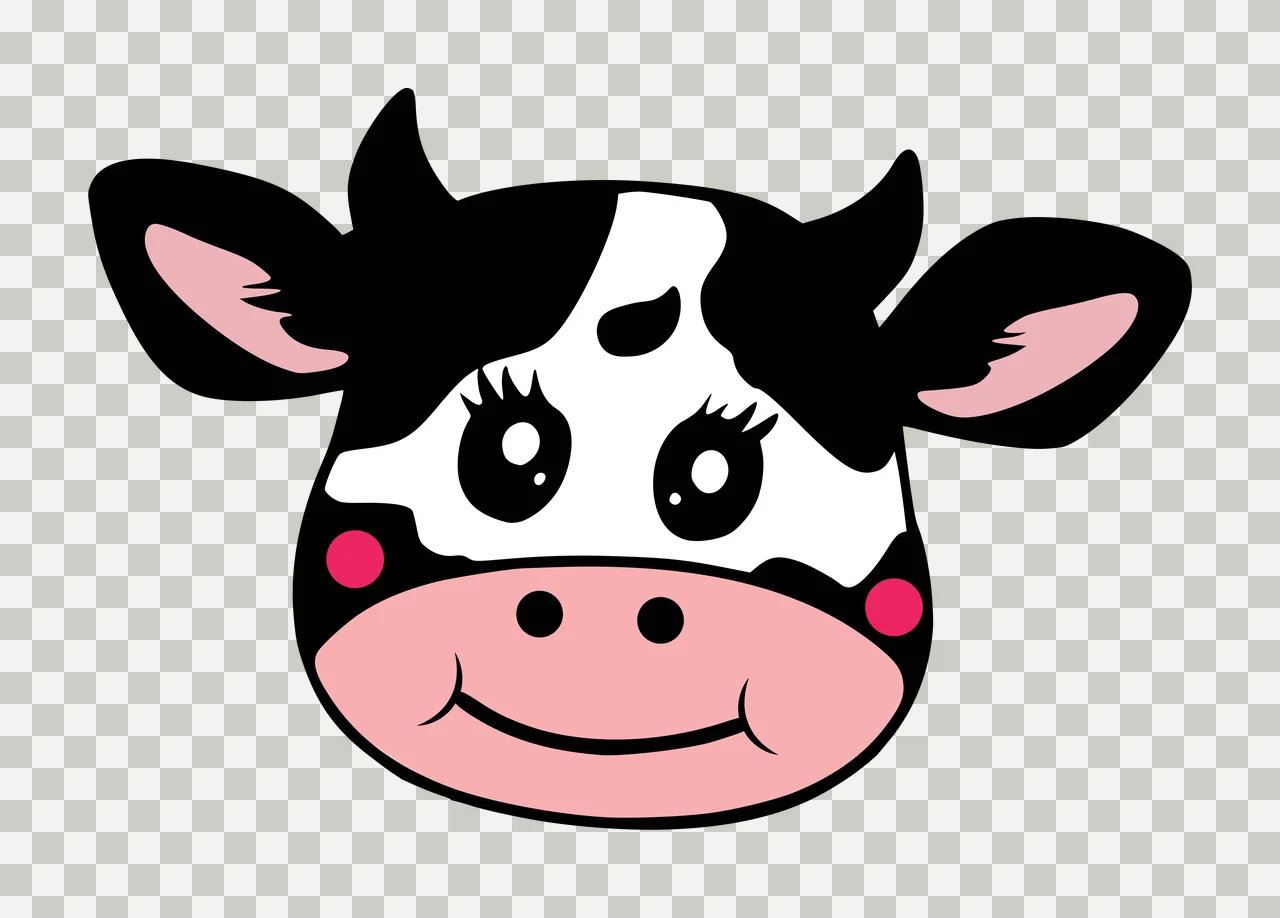 Cartoon Illustration of cow head with horns, ears, eyes with eyelashes and pink snout in black and white transparency and detail preview thumbnail