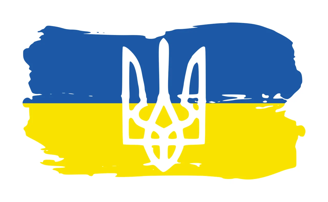 Ukrainian coat of arms Illustration with trident coat of arms, brushstroke flag and blue and yellow paint strokes in white