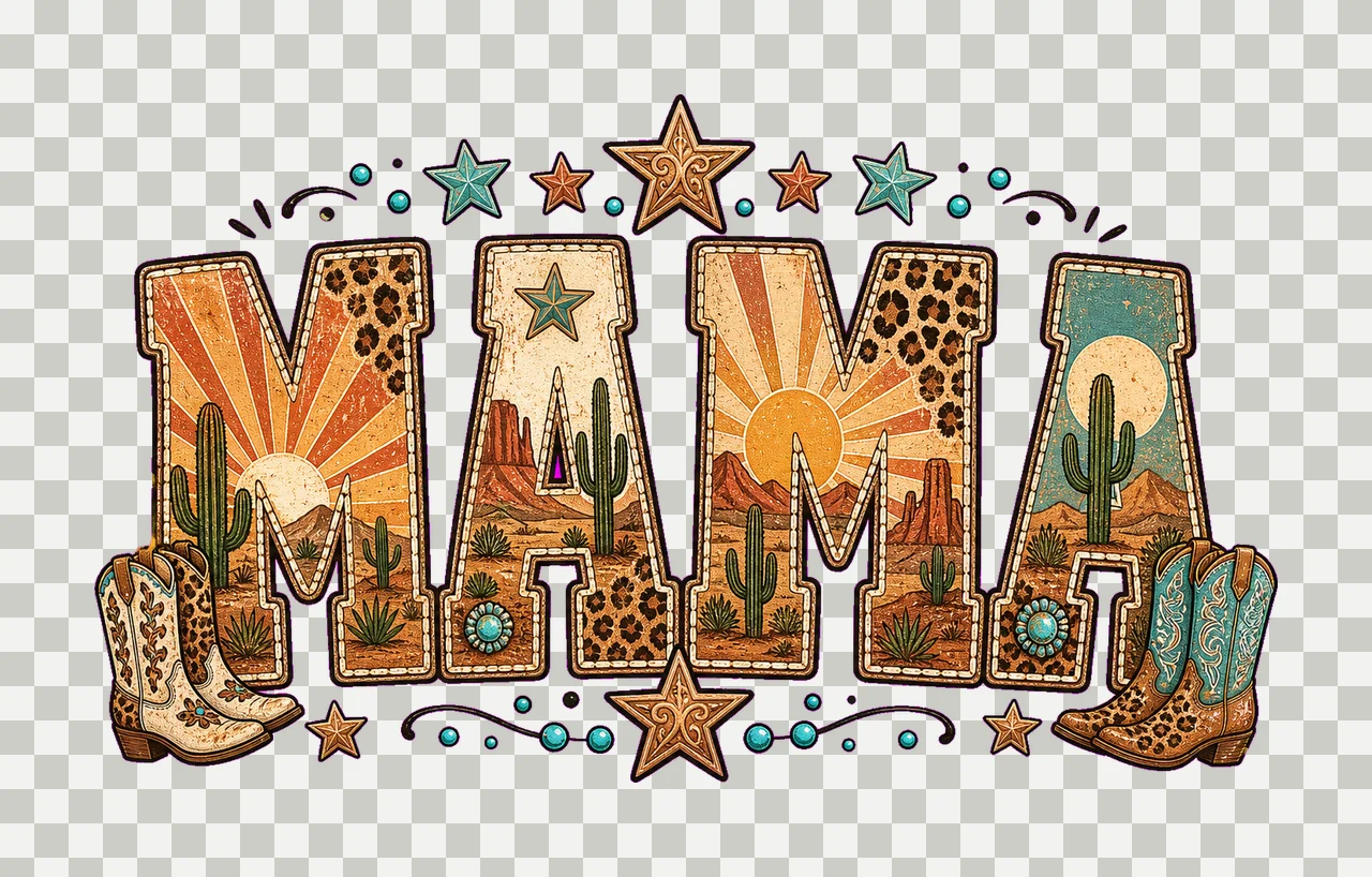 Western Mama Sublimation Shirt Cowgirl Sunset Mama Type transparency and detail preview thumbnail