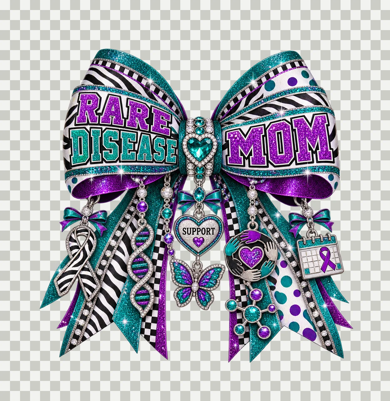 Rare Disease Mom Bow Charm PNG, Patterned Varsity Mom Ribbon Clipart, Transparent Sublimation Digital Download transparency and detail preview thumbnail