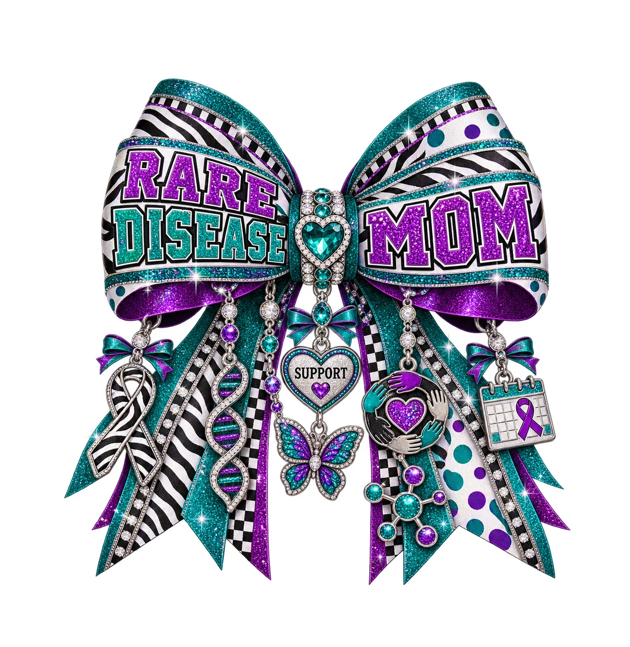 Rare Disease Mom Bow Charm PNG, Patterned Varsity Mom Ribbon Clipart, Transparent Sublimation Digital Download