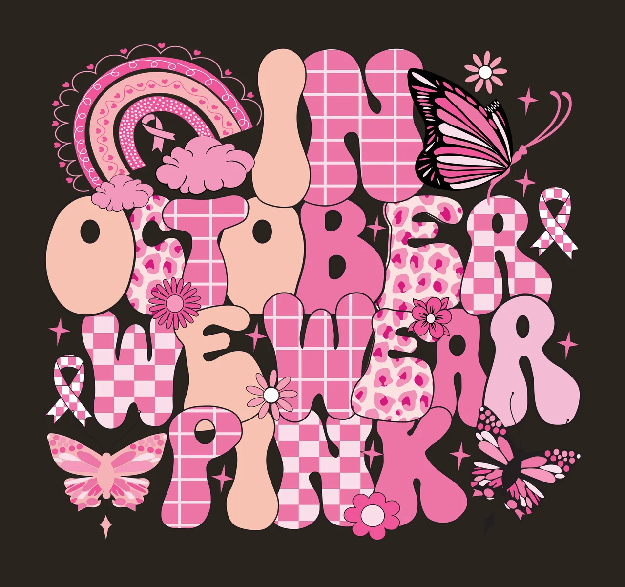 In October We Wear Pink Lettering words rainbow butterflies contrast preview thumbnail