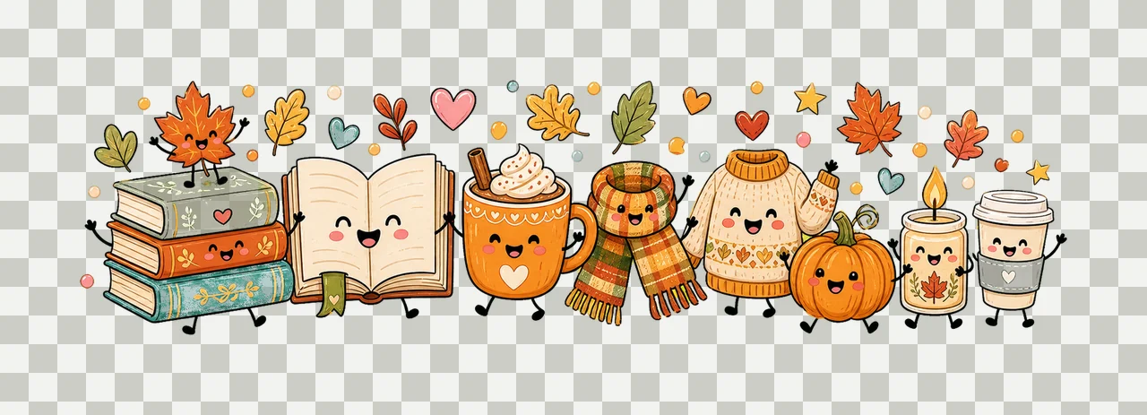 Cute Fall Book Characters Cozy Autumn Reading Variation E transparency and detail preview thumbnail