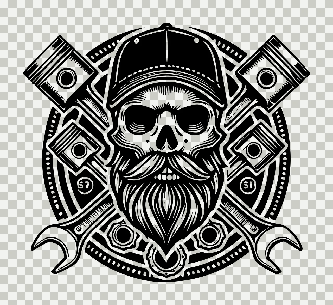 S7 S1 bearded skull wearing a baseball cap Design with engine pistons, open end wrenches and circular emblem badge in black and white transparency and detail preview thumbnail