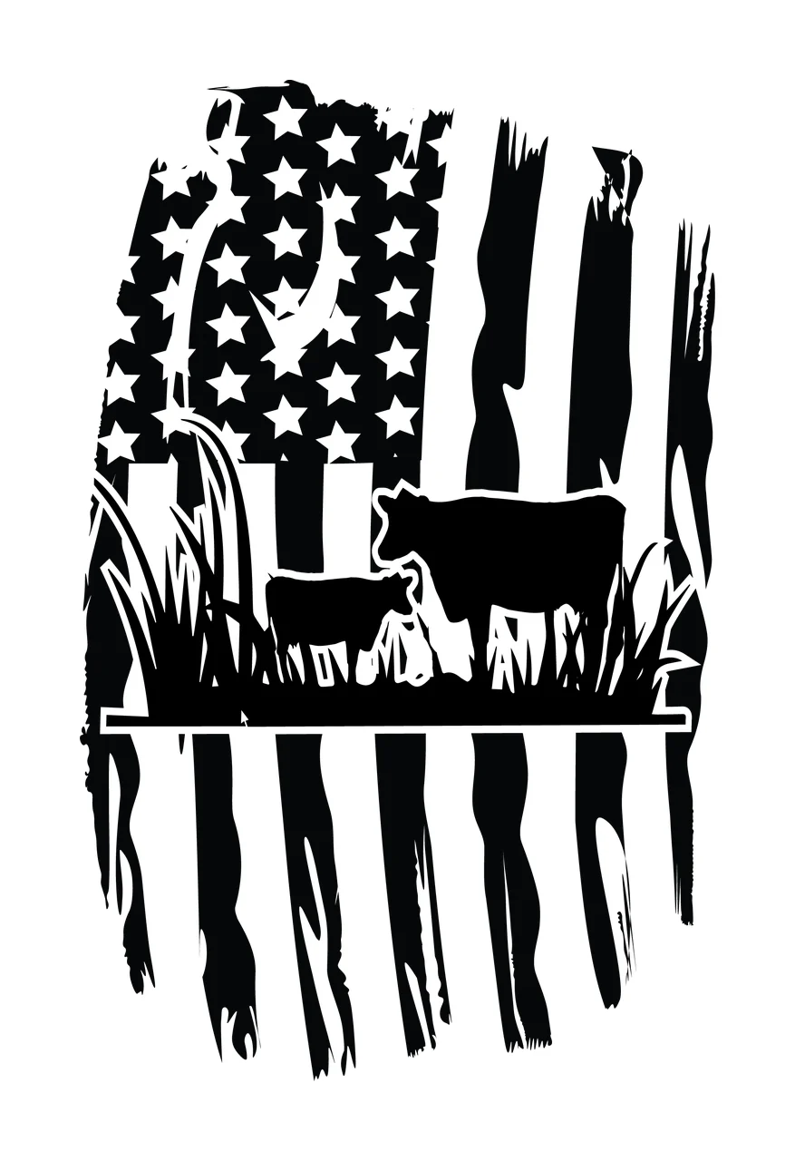 Cow Flag American With Grazing Cattle Silhouette calf grass