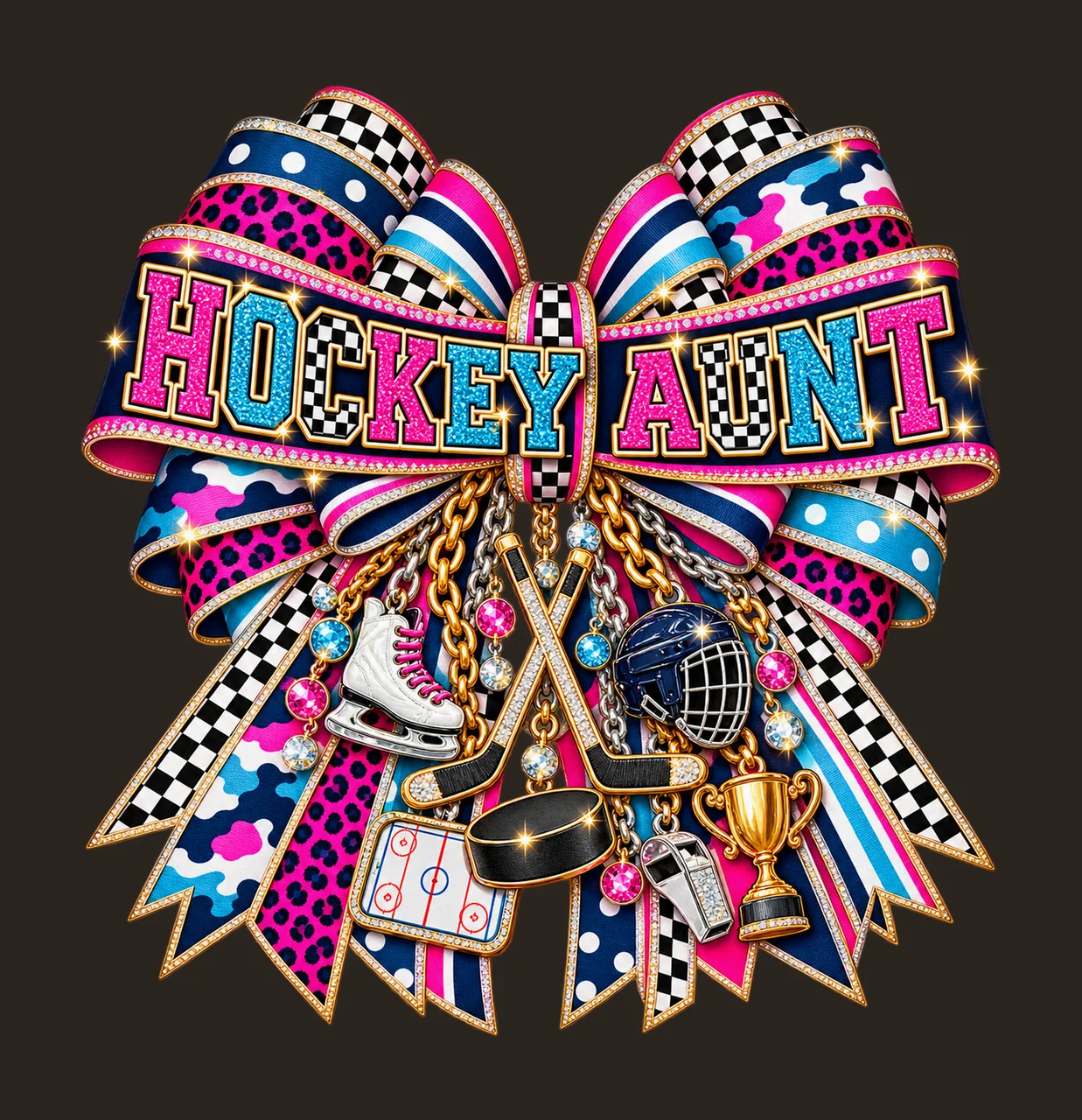Hockey Aunt Bow Charm PNG, Patterned Varsity Aunt Ribbon Clipart, Transparent Sublimation Digital Download contrast preview thumbnail