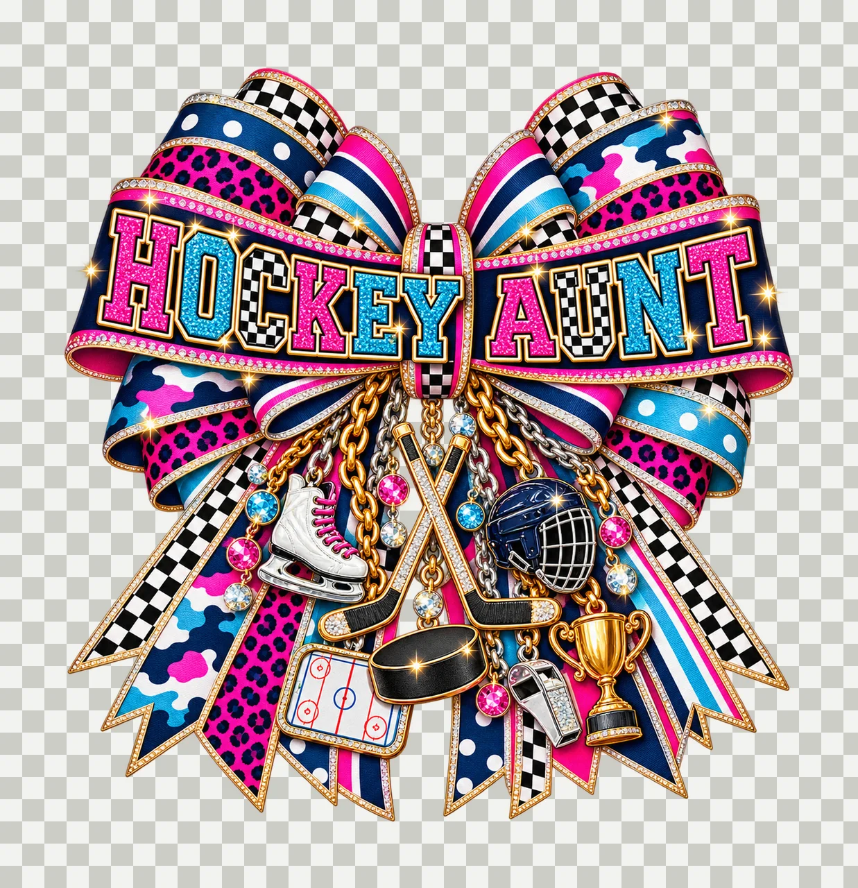 Hockey Aunt Bow Charm PNG, Patterned Varsity Aunt Ribbon Clipart, Transparent Sublimation Digital Download transparency and detail preview thumbnail