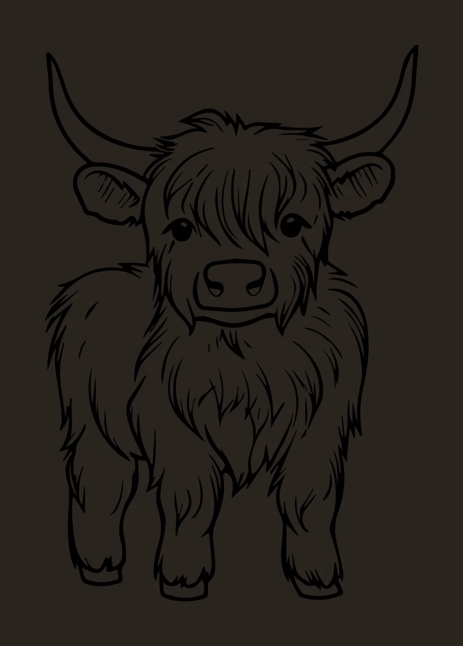 Cow Furry Standing Front View horns fur line drawing black contrast preview thumbnail