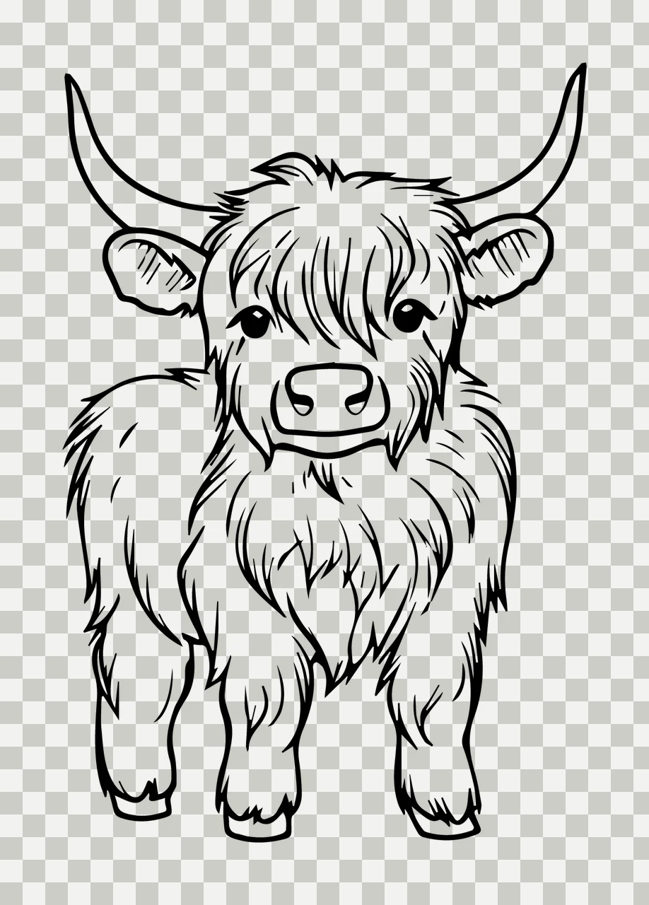 Cow Furry Standing Front View horns fur line drawing black transparency and detail preview thumbnail