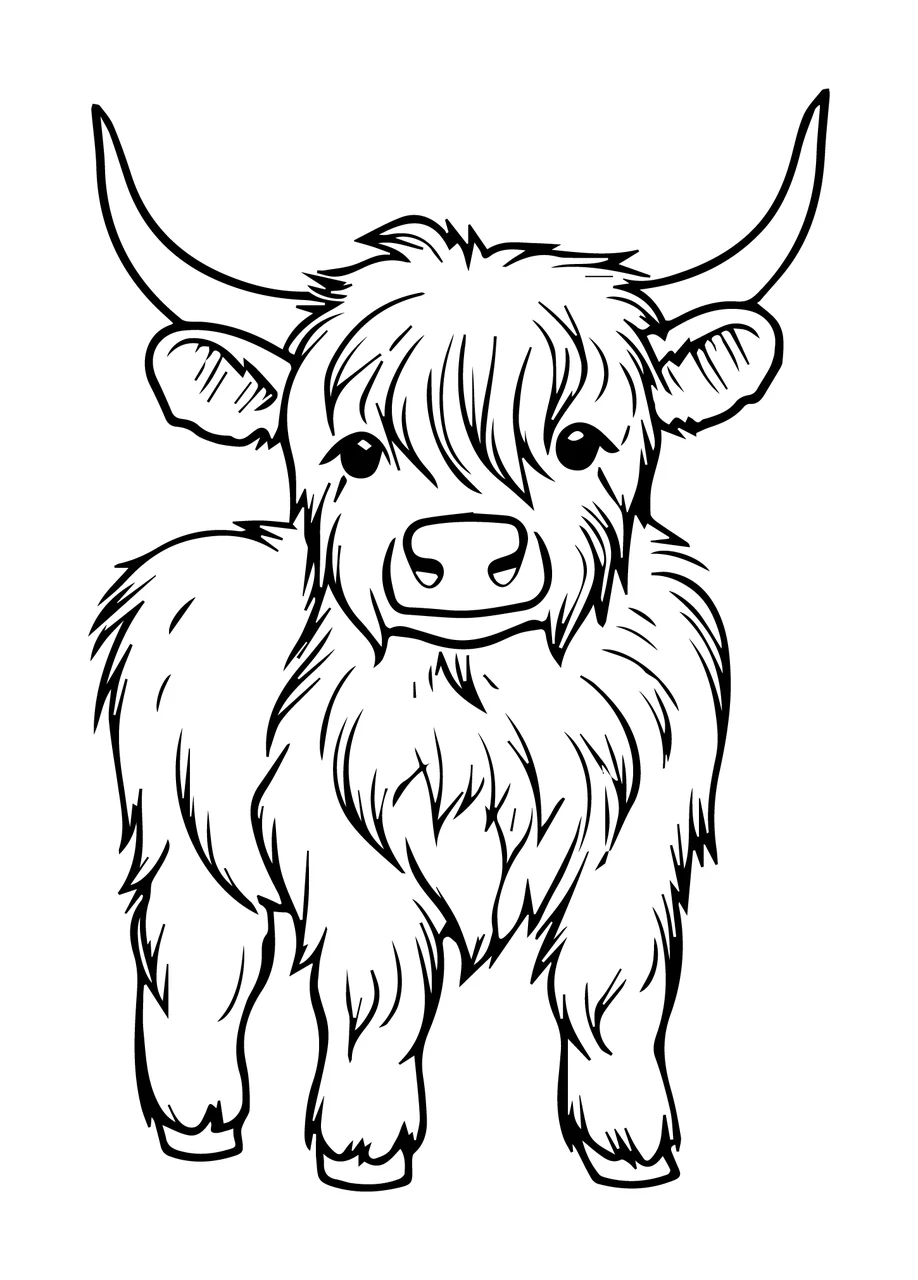 Cow Furry Standing Front View horns fur line drawing black