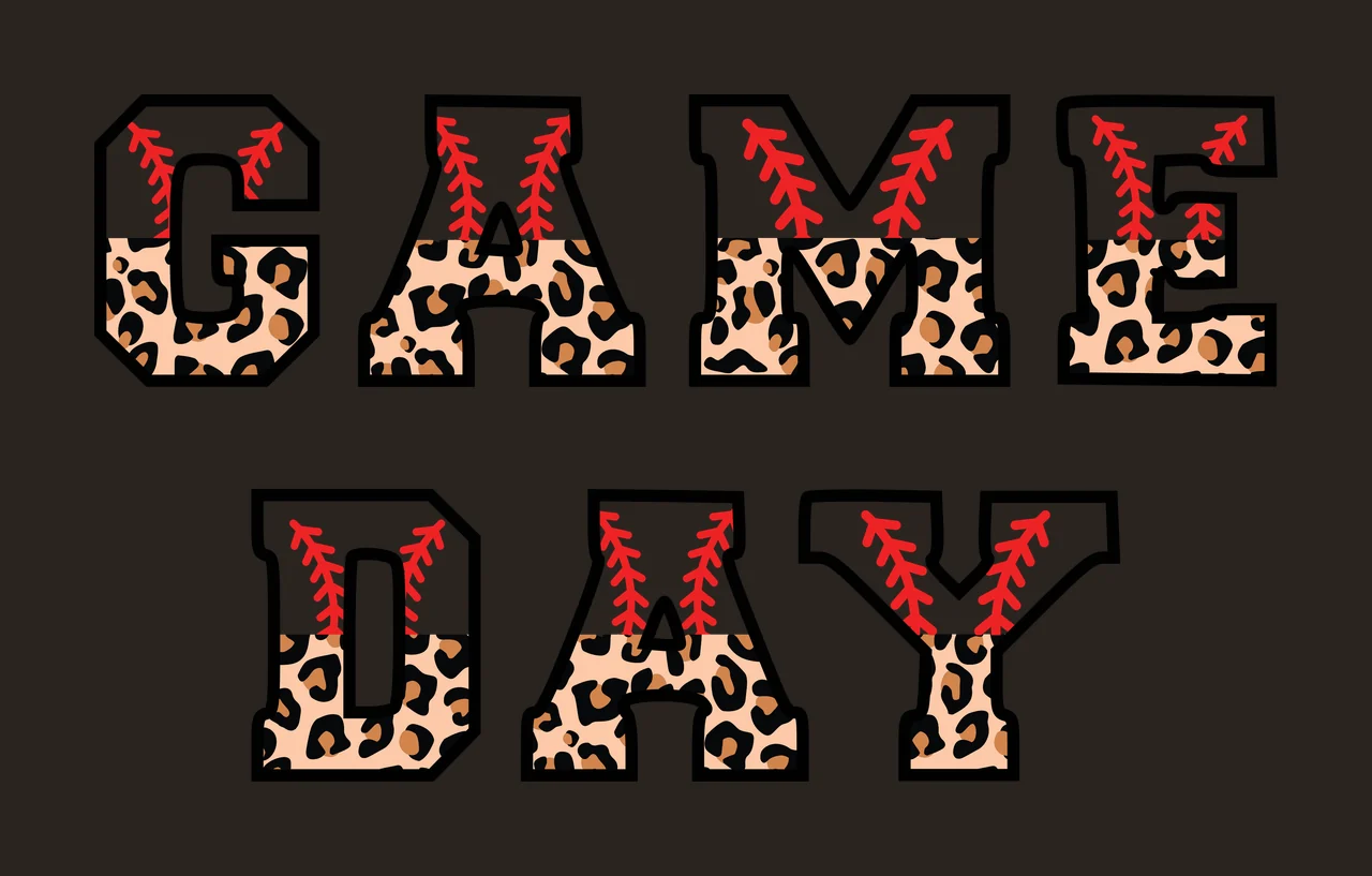GAME DAY Typography Design with leopard print pattern, red baseball stitching and bold black-outlined letters in brown contrast preview thumbnail