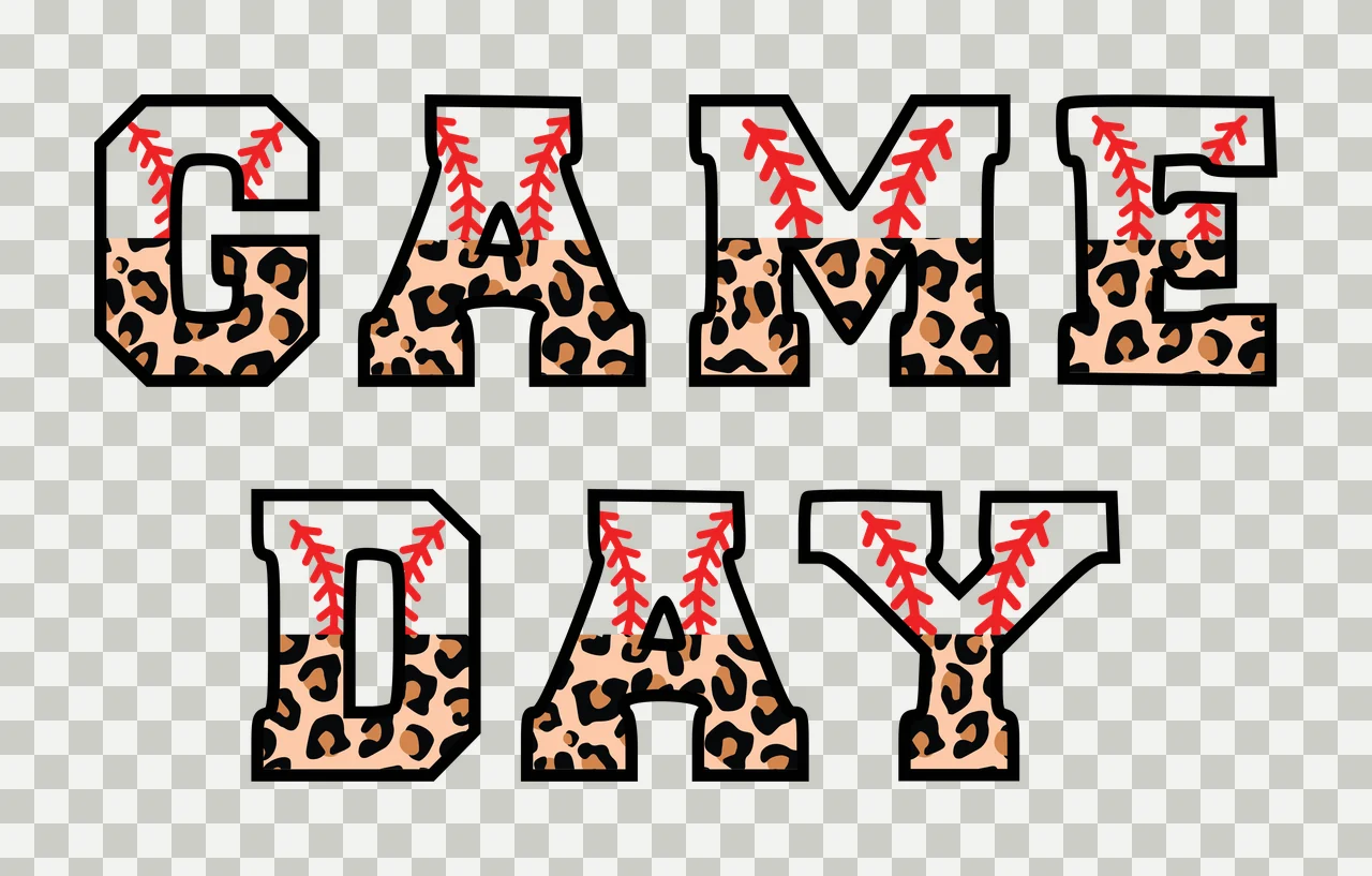 GAME DAY Typography Design with leopard print pattern, red baseball stitching and bold black-outlined letters in brown transparency and detail preview thumbnail