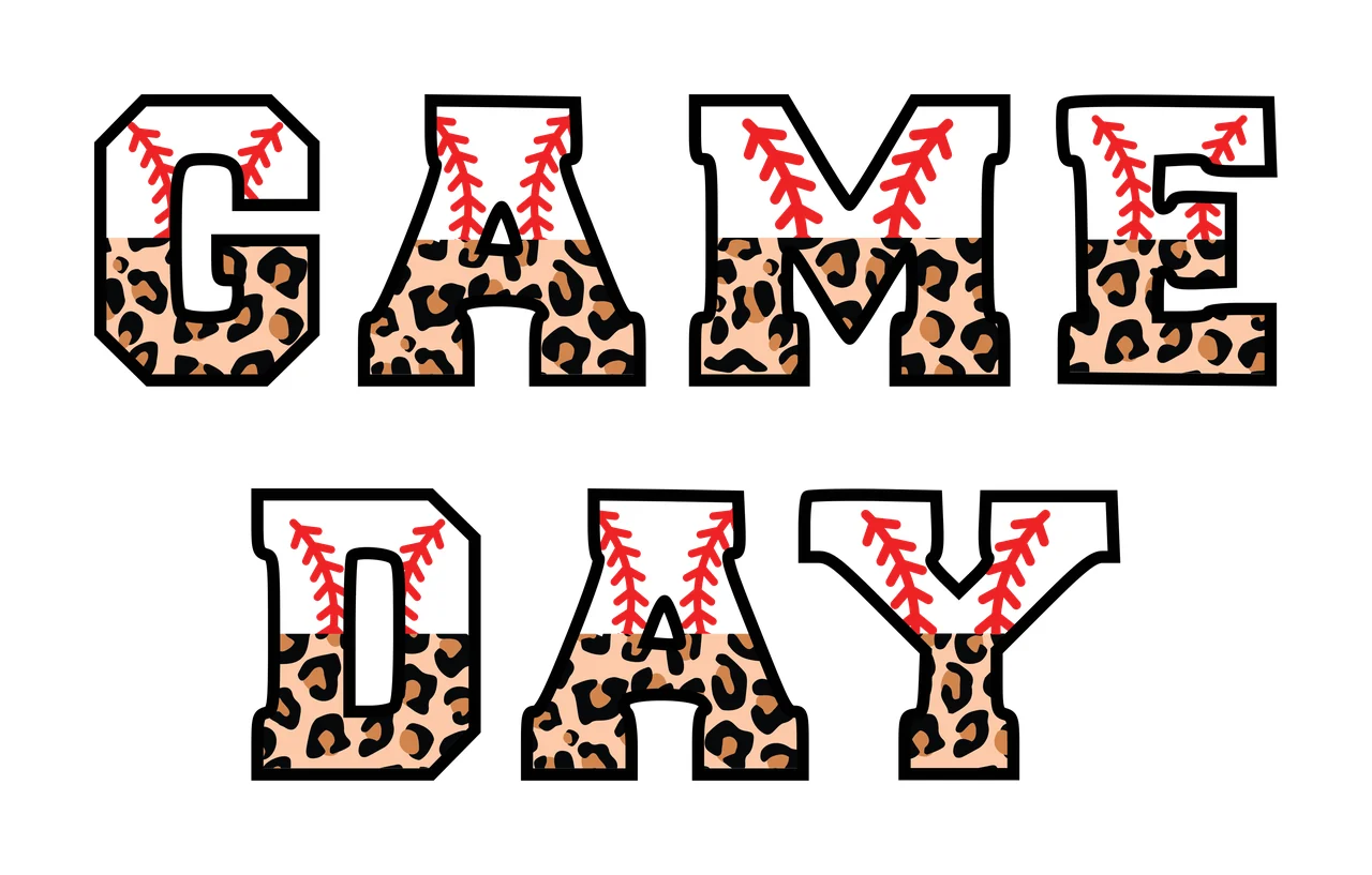 GAME DAY Typography Design with leopard print pattern, red baseball stitching and bold black-outlined letters in brown