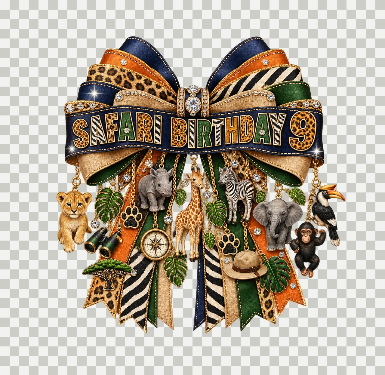 Safari Birthday 9 Bow Charm PNG, Jungle Animal Birthday Clipart, Transparent Sublimation Digital Download transparency and detail preview thumbnail