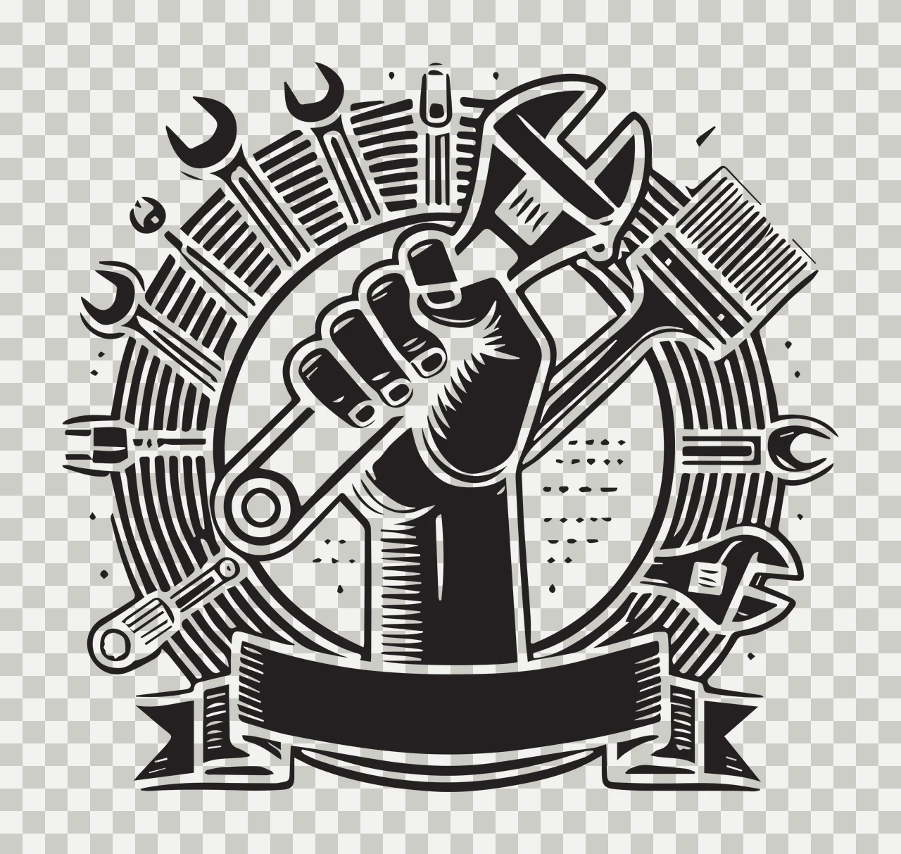 Hand Holding Wrench Tool Emblem tools ribbon circle black white transparency and detail preview thumbnail