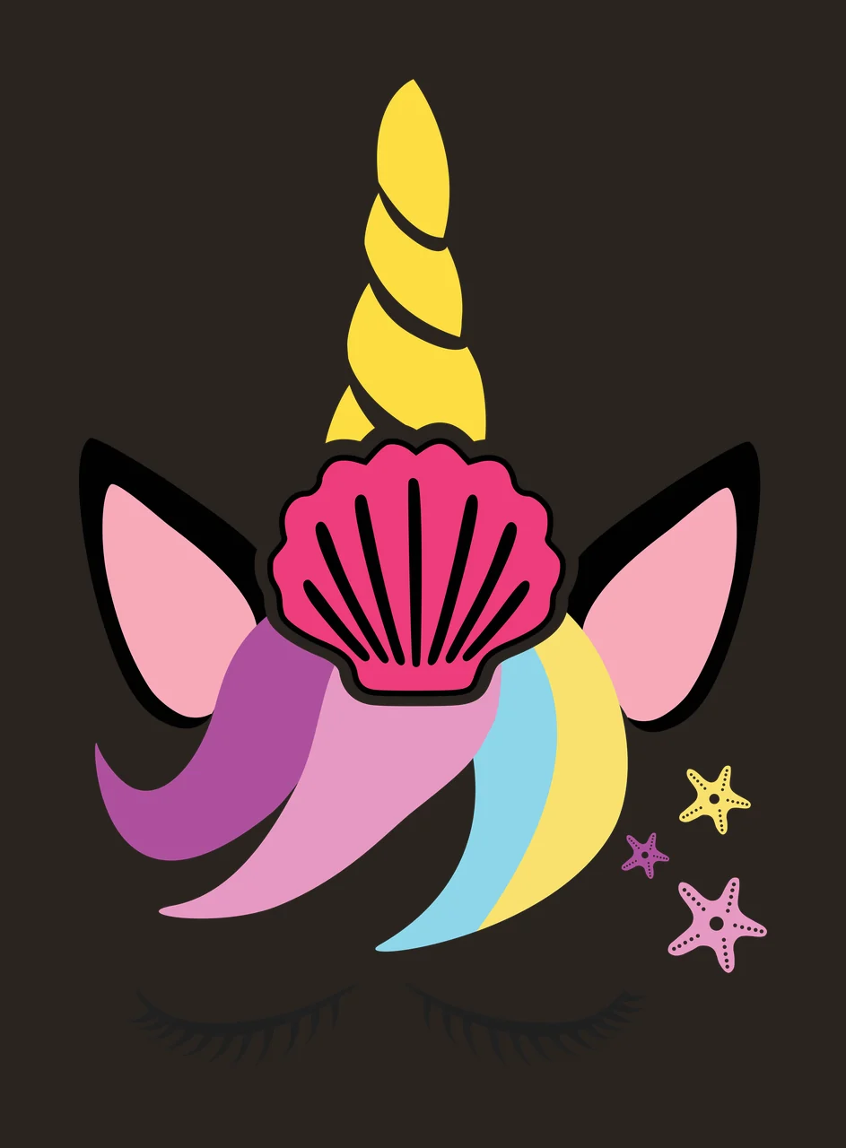 Unicorn head design with seashell horn with yellow spiral horn, pink seashell horn base, black-outlined ears with pink inner and rainbow-colored mane purple pink blue yellow contrast preview thumbnail