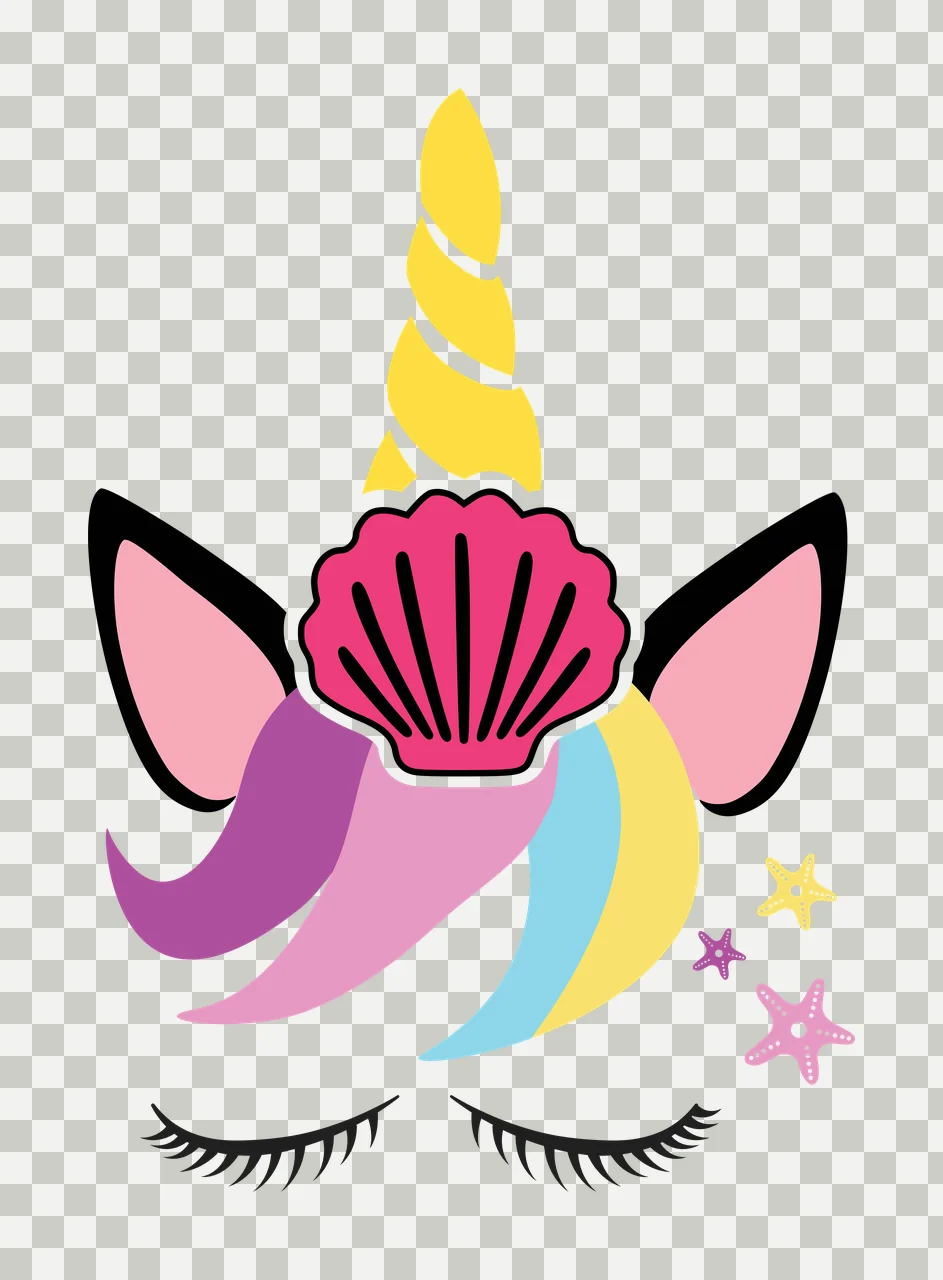 Unicorn head design with seashell horn with yellow spiral horn, pink seashell horn base, black-outlined ears with pink inner and rainbow-colored mane purple pink blue yellow transparency and detail preview thumbnail