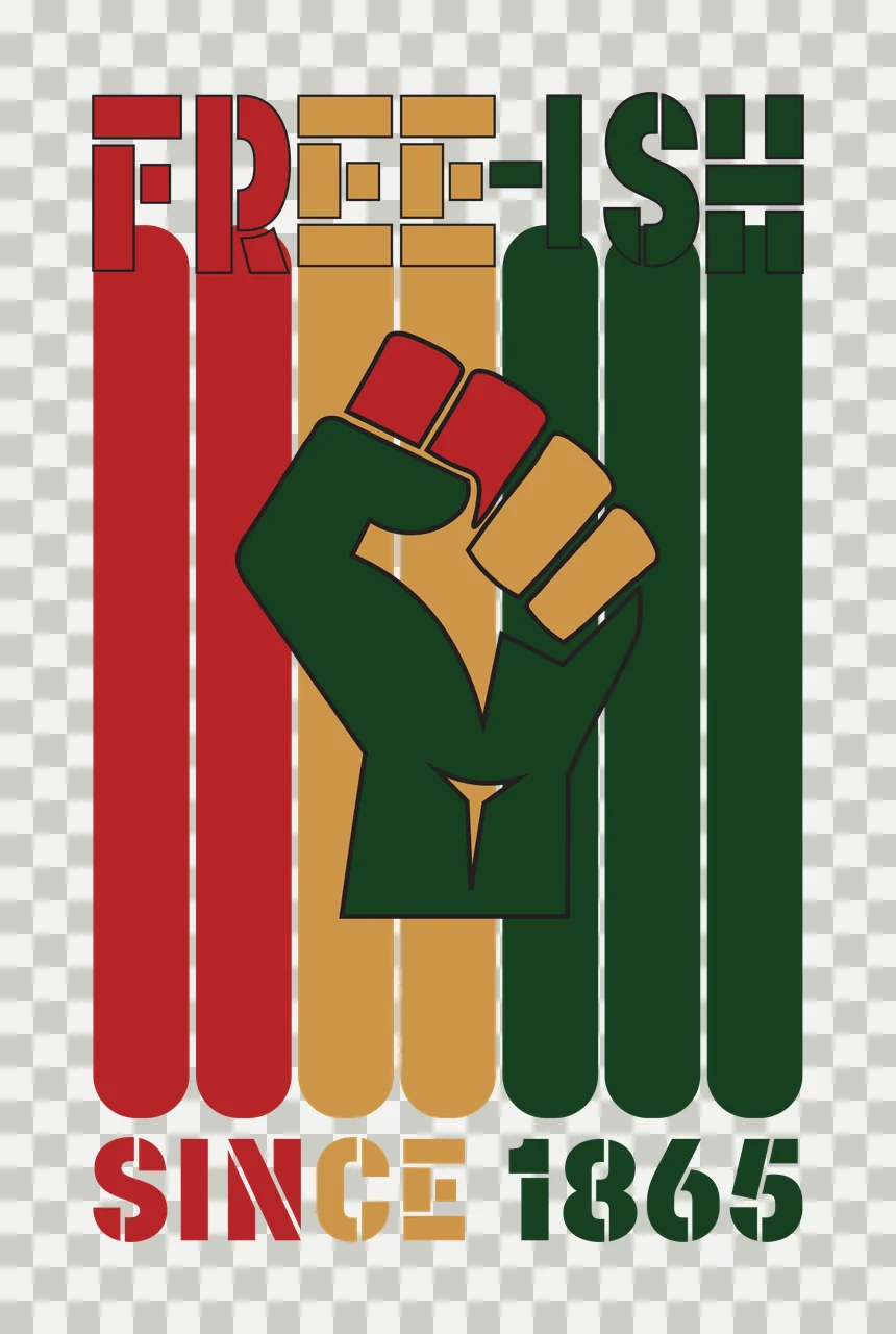 FREE-ISH SINCE 1865 raised fist Design with clenched fist, vertical rounded stripes, stencil lettering and text FREE-ISH in red, gold and dark green transparency and detail preview thumbnail