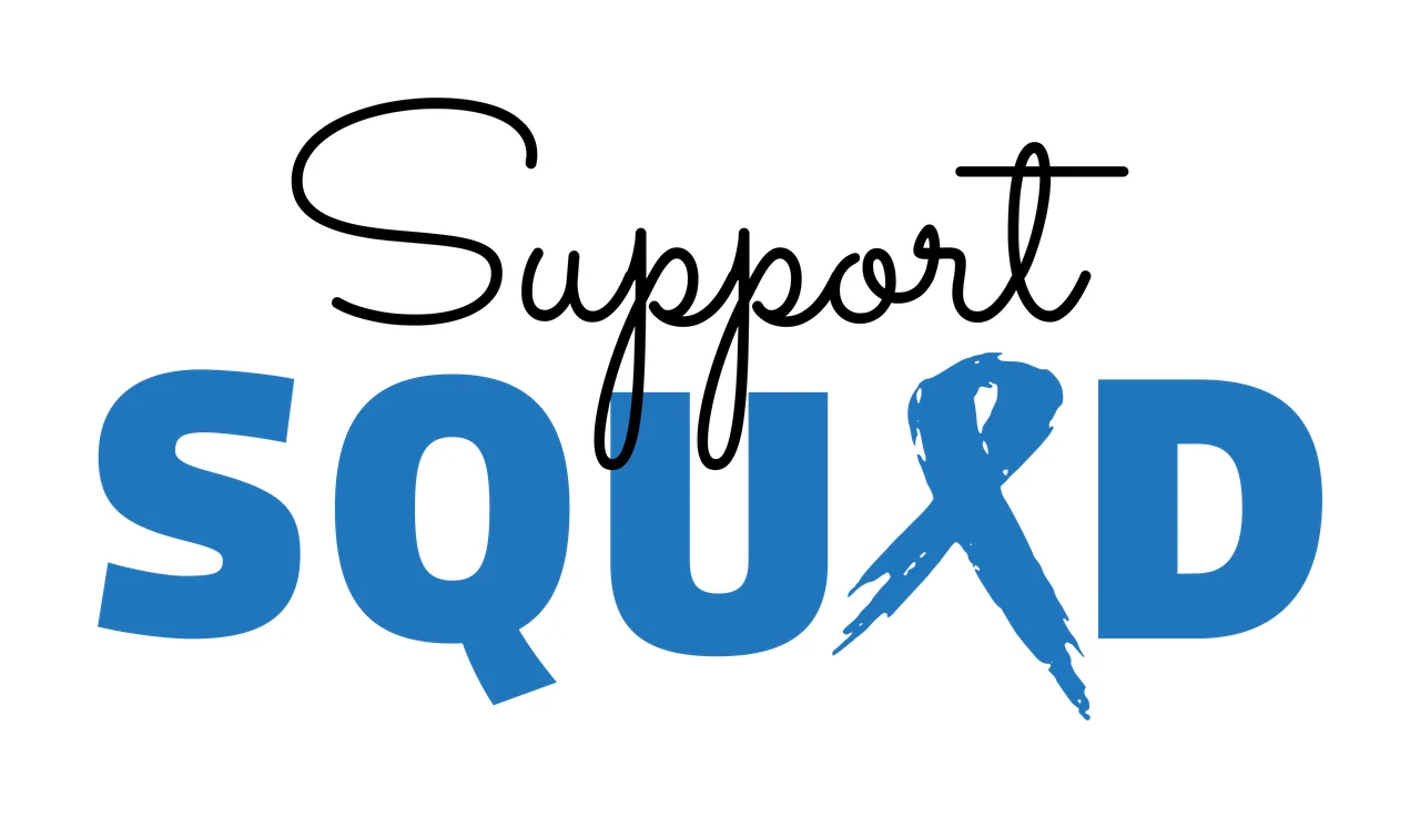Support SQUAD Typography Design with black cursive text 'Support', blue bold text 'SQUAD', blue ribbon replacing the letter X in 'SQUAD' and white background