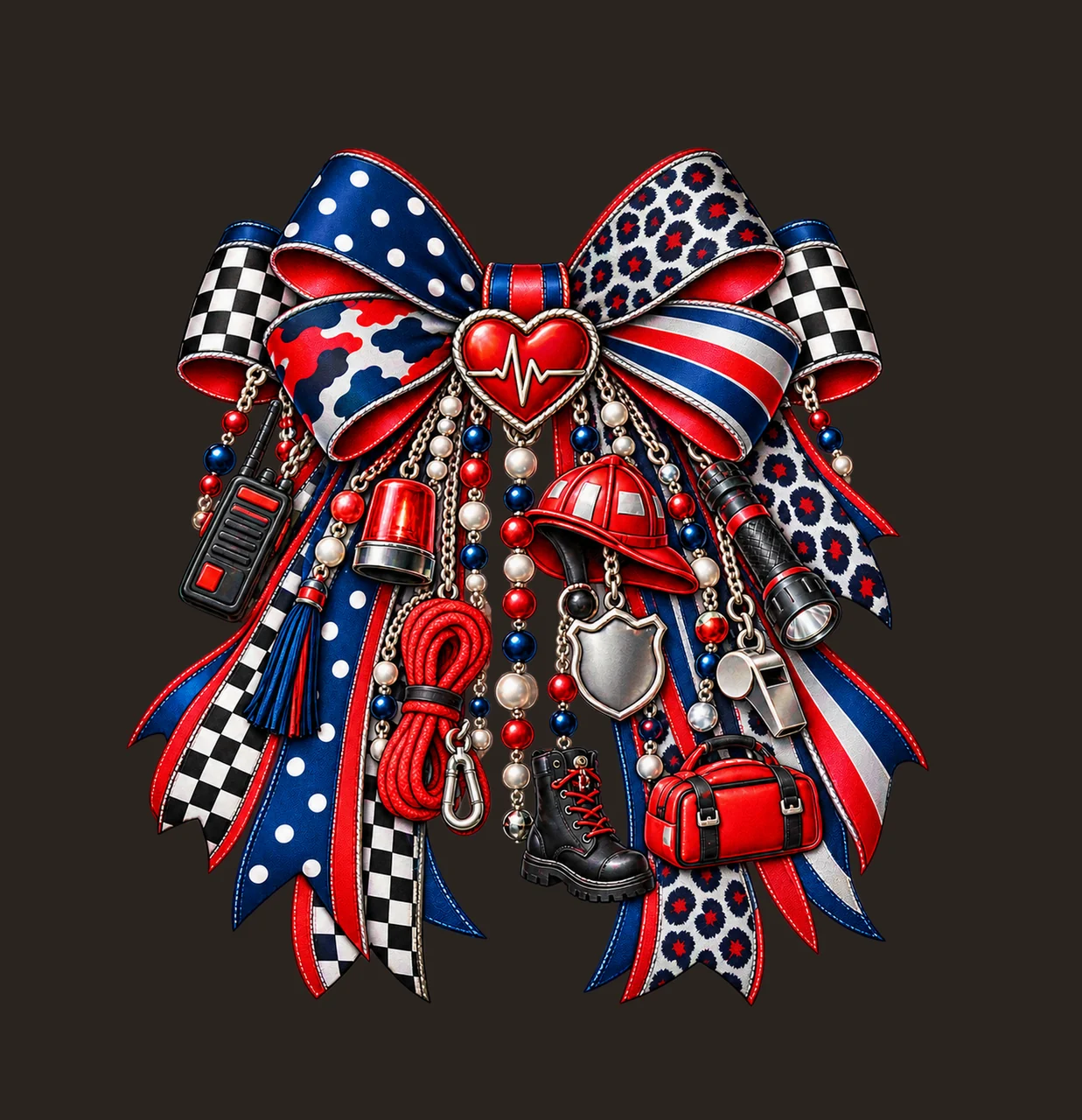 First Responder Bow Charm PNG, Rescue Radio Siren and Helmet, Appreciation Sublimation Design, Transparent Digital Download contrast preview thumbnail