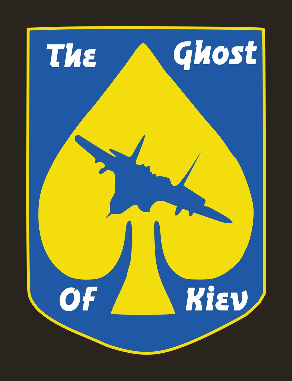 The Ghost Of Kiev Military emblem Design with shield shape, spade symbol, text and border in blue, yellow and white contrast preview thumbnail