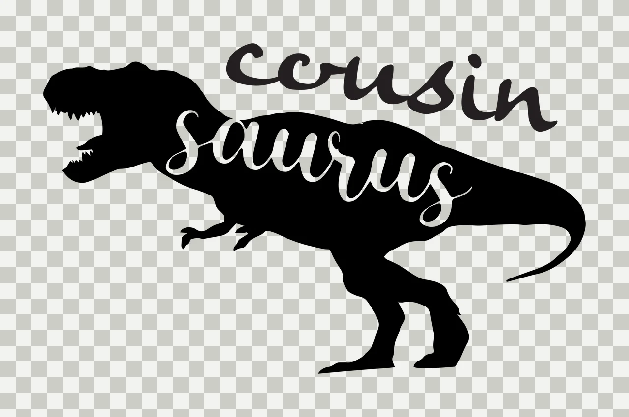 Cousin saurus Tyrannosaurus rex silhouette Design with dinosaur silhouette, handwritten script text and T-Rex profile in black and white transparency and detail preview thumbnail