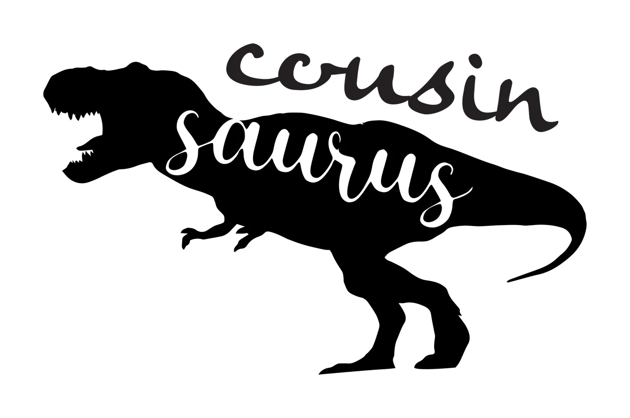 Cousin saurus Tyrannosaurus rex silhouette Design with dinosaur silhouette, handwritten script text and T-Rex profile in black and white