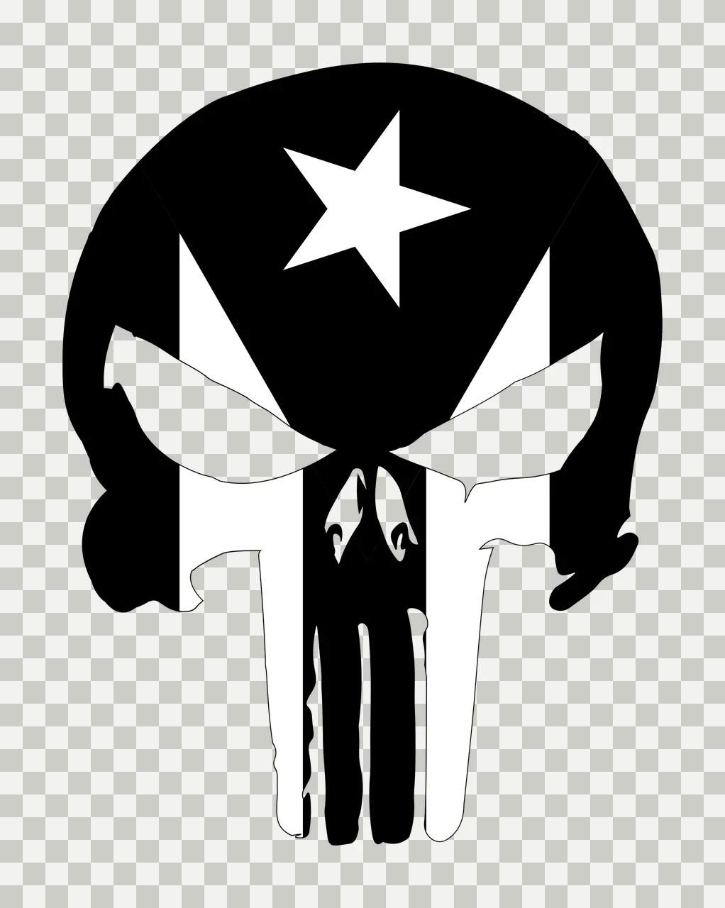 Line Art Illustration of stylized skull emblem with five-pointed star, chevron pattern, vertical stripes and angular eye sockets in black and white transparency and detail preview thumbnail