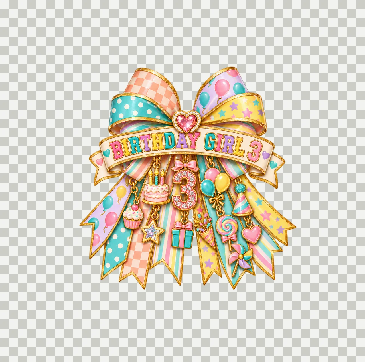 Birthday Girl 3 Bow Charm PNG, Patterned Coquette Bow Clipart, Transparent Sublimation Digital Download transparency and detail preview thumbnail