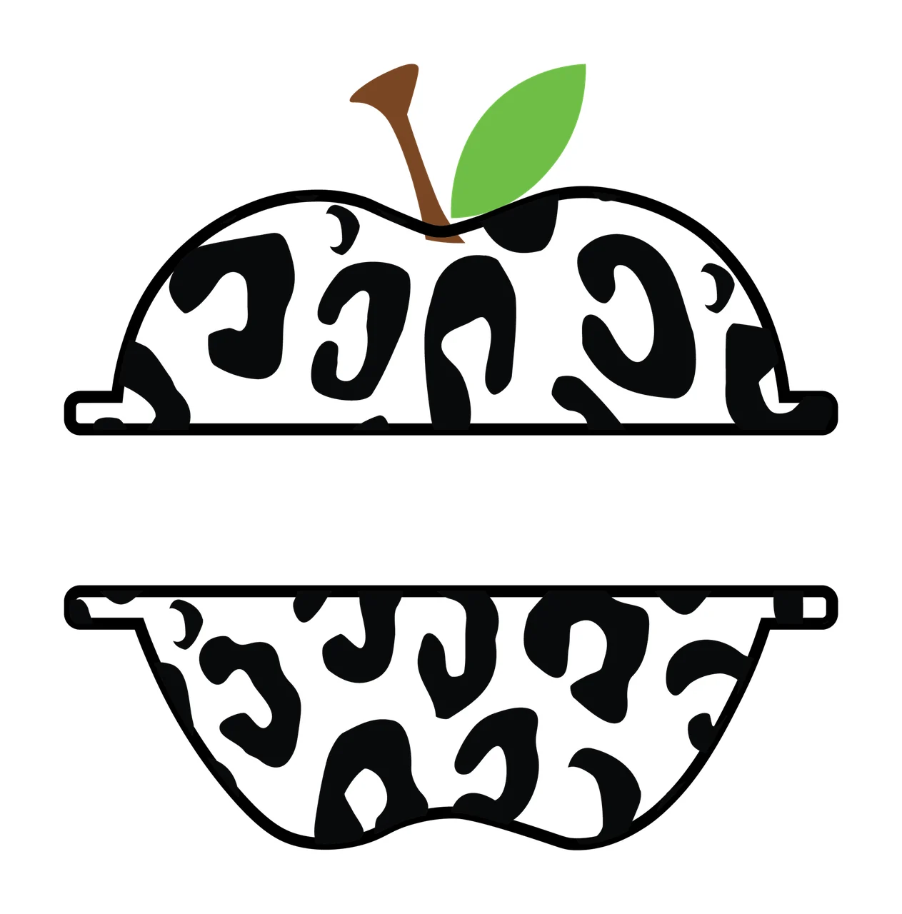 Leopard Print Apple With Banner black and grey green leaf