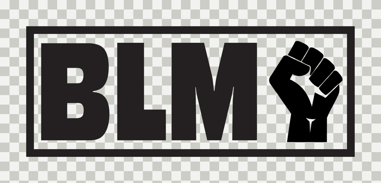 BLM BLM typography and raised fist icon with bold text, rectangular border and block letters in black and white transparency and detail preview thumbnail