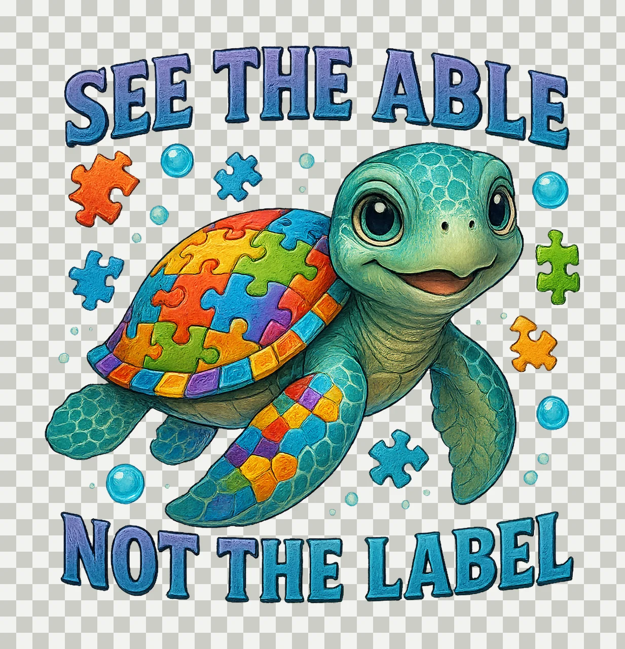 See the Able Not the Label Autism Awareness Turtle Design transparency and detail preview thumbnail