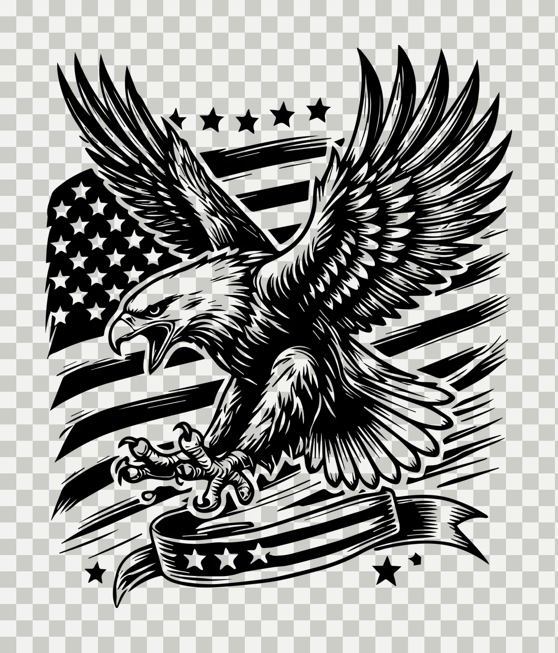 Eagle Flag Flying Over American Banner Star Engraving Black transparency and detail preview thumbnail