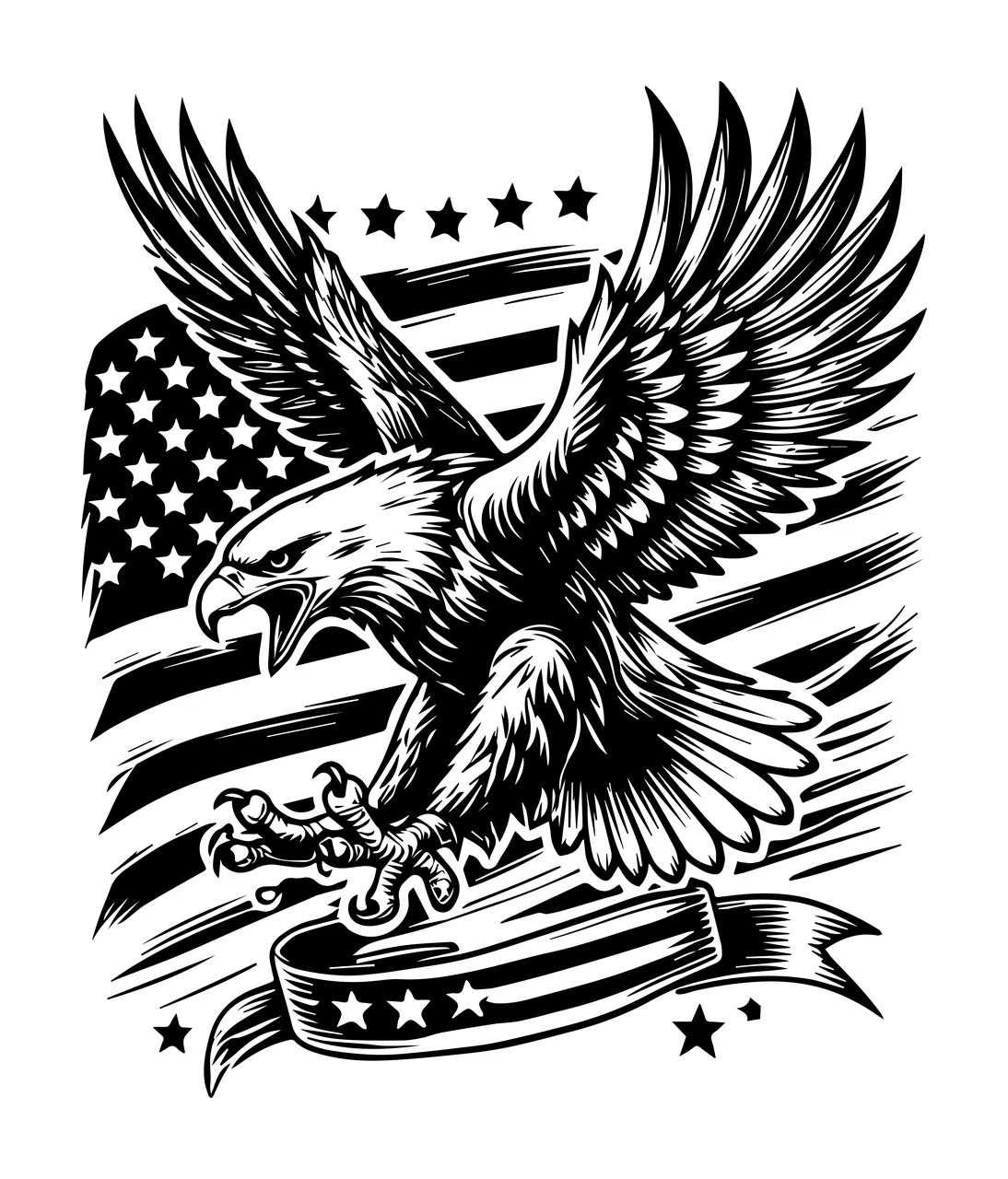 Eagle Flag Flying Over American Banner Star Engraving Black