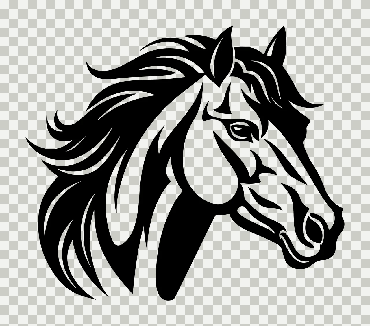 Horse Head Profile Black White Graphic mane ear eye nostril transparency and detail preview thumbnail