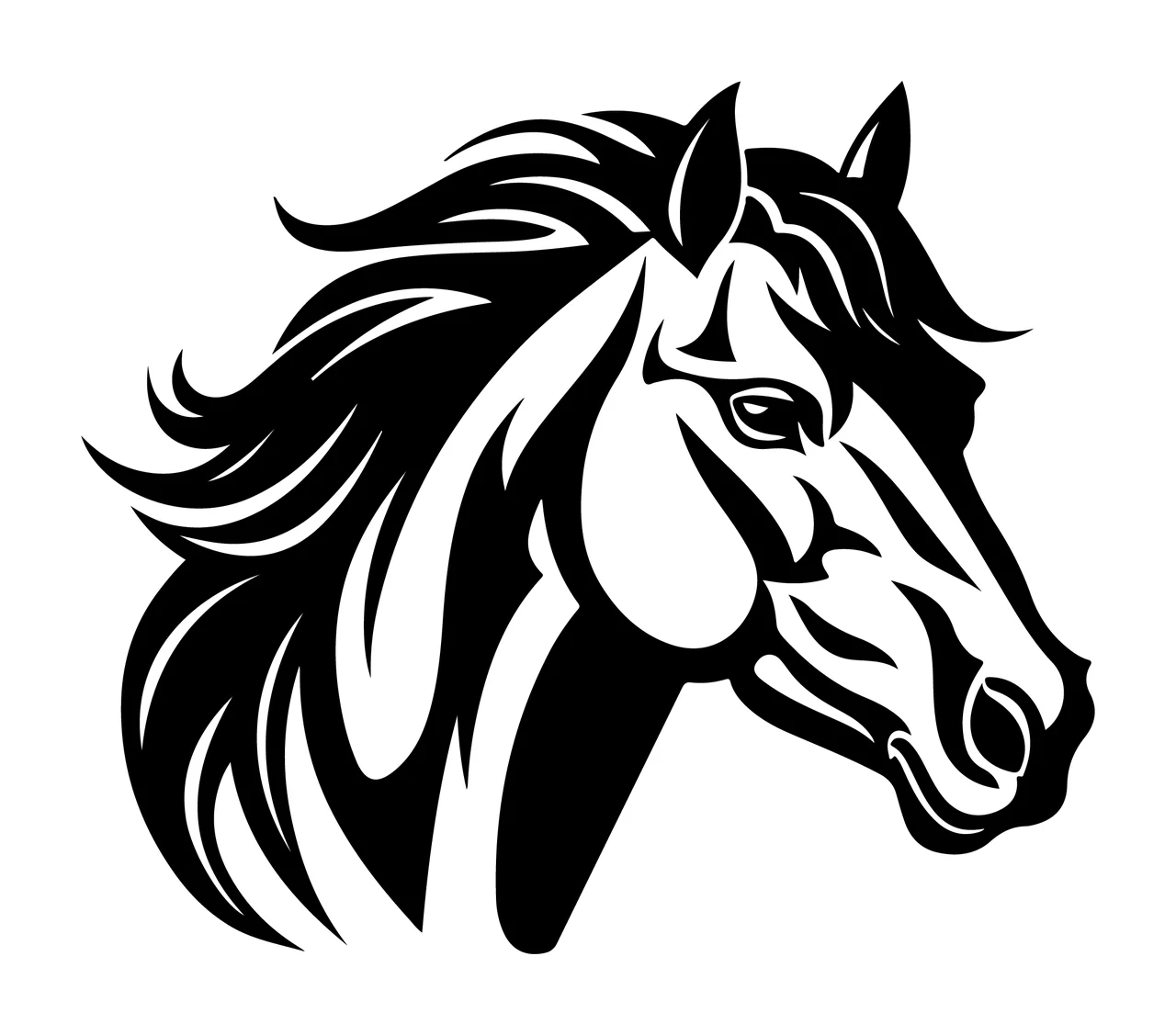 Horse Head Profile Black White Graphic mane ear eye nostril